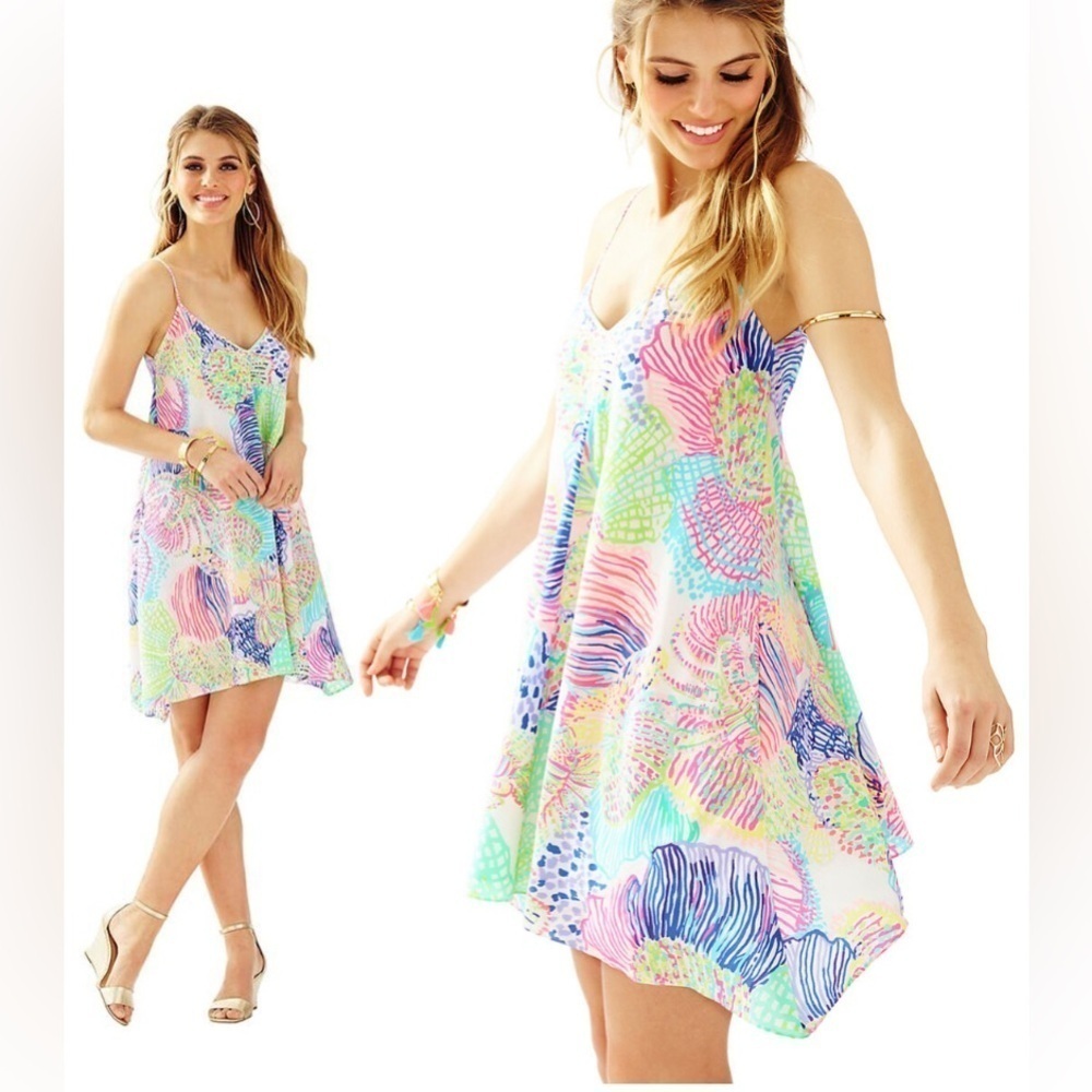 Lilly Pulitzer Clara multi color slip dress silk asymmetric shark bite hem xs